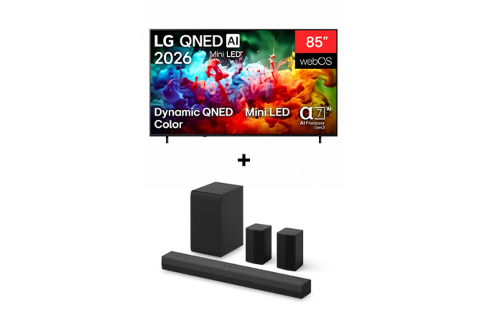 Vista frontal de 85 " LG QNED AI Mini LED QNED70 4K Smart TV 2026 + LG Soundbar | 400 W | 4.1 ch |incluye 2 altavoces traseros 85QN7BS40T